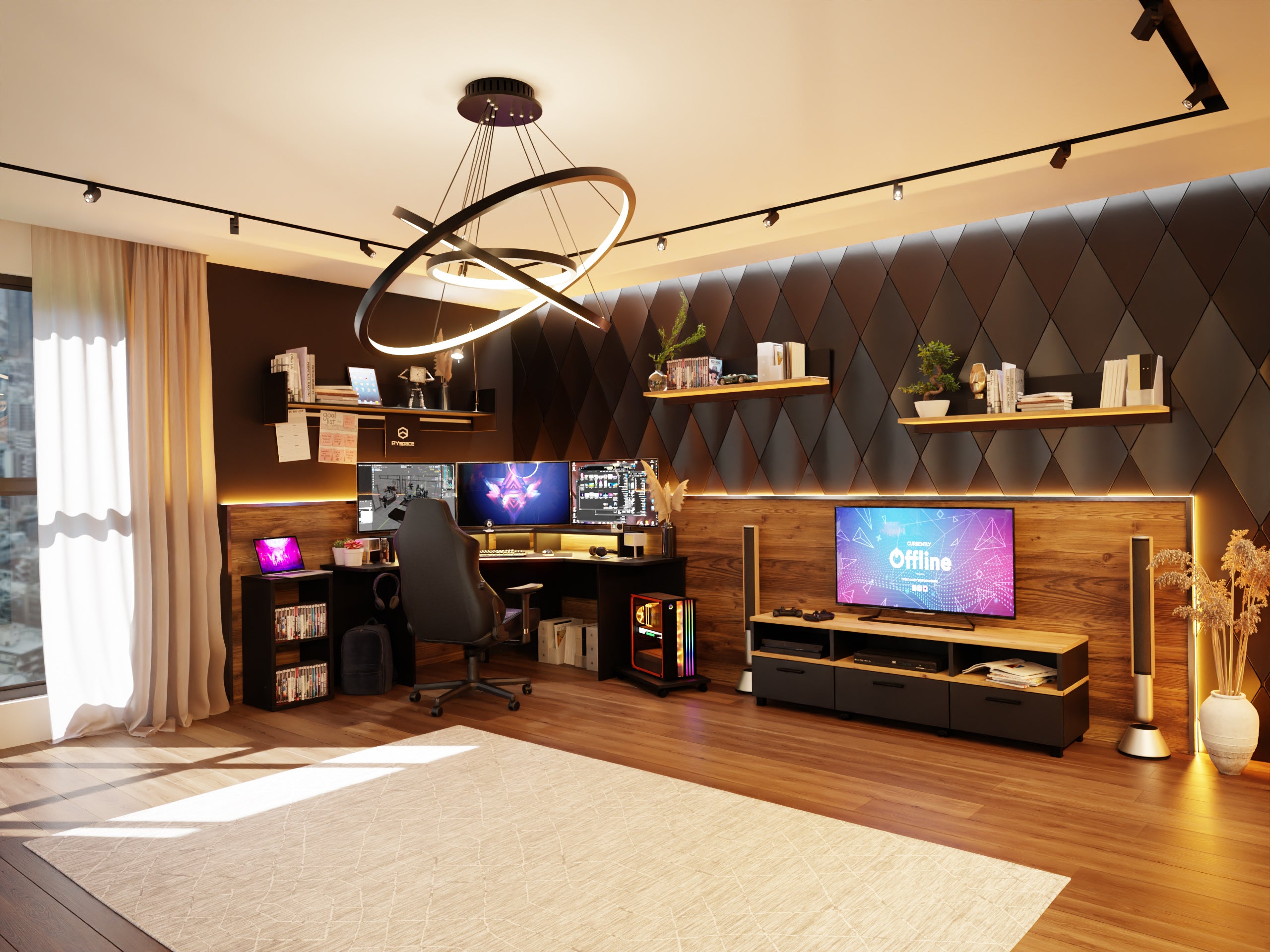 Home-office - jak urządzić? Czarne biurko gamingowre, szfka rtv czarna z dekorem drewna, czarna półka wisząca z dekorem drewna, oświetlenie LED