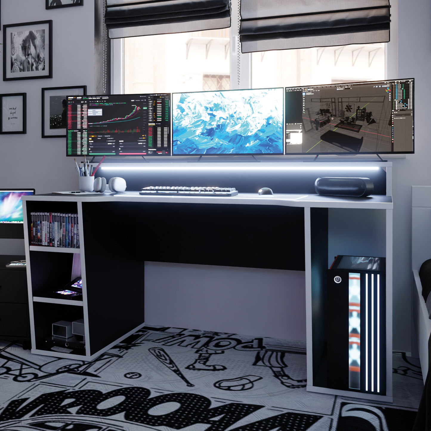 Biurko gamingowe SUPERNOVA211 LED - czarno-białe