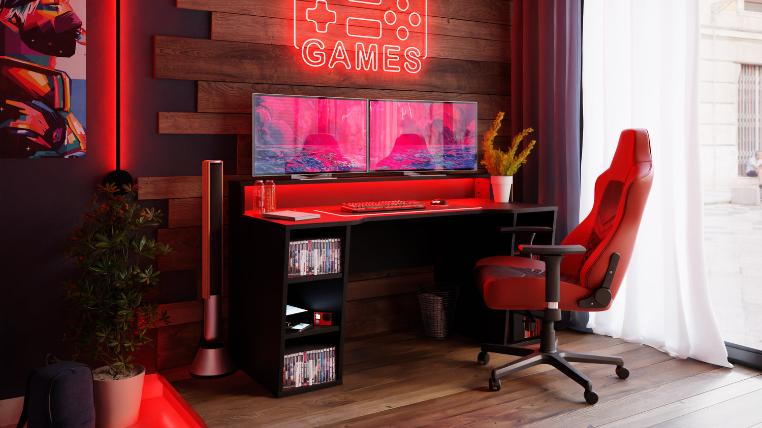 biurko w czerwonym pokoju z elementami drewna