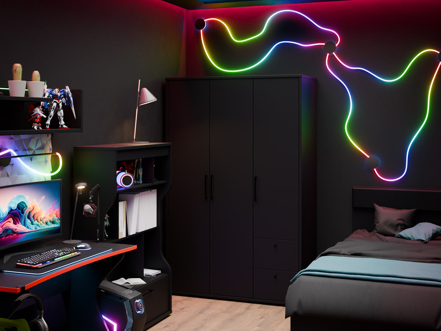 Czarny pokój młodzieżowy z wielokolorowym oświetleniem LED