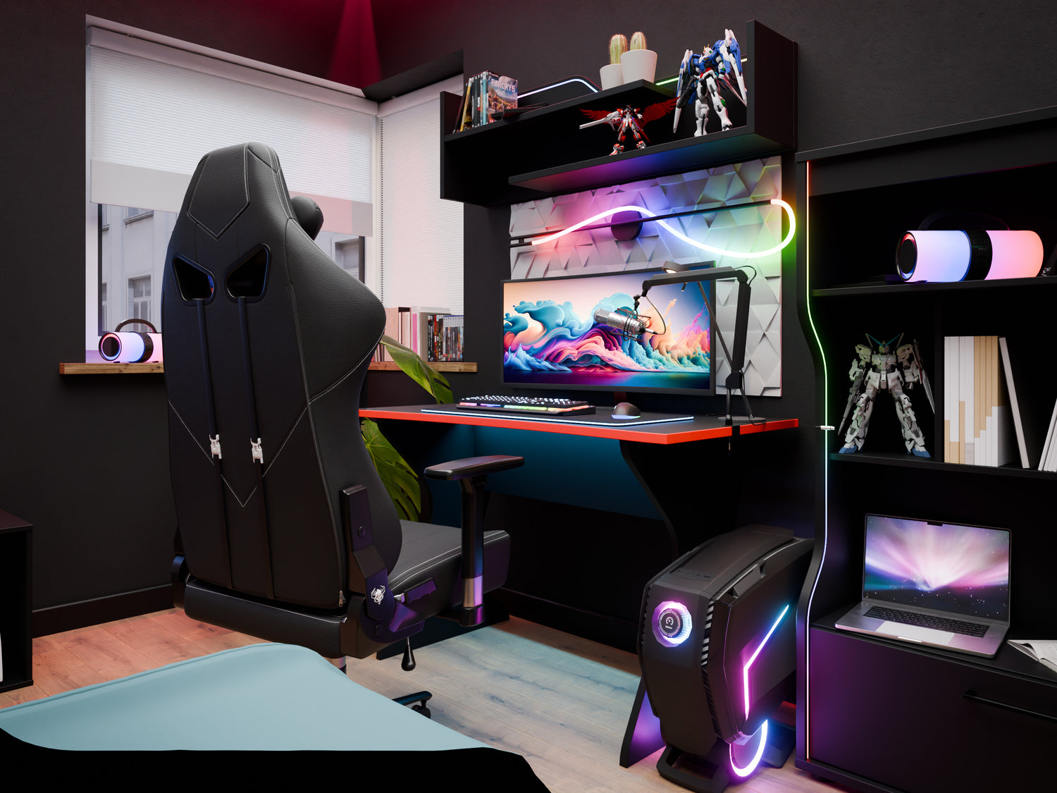 Czarny pokój młodzieżowy z wielokolorowym oświetleniem LED