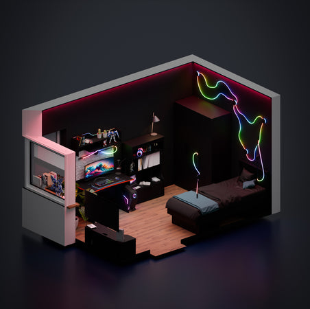 Czarny pokój gamingowy z meblami LED i wielokolorowym oświetleniem
