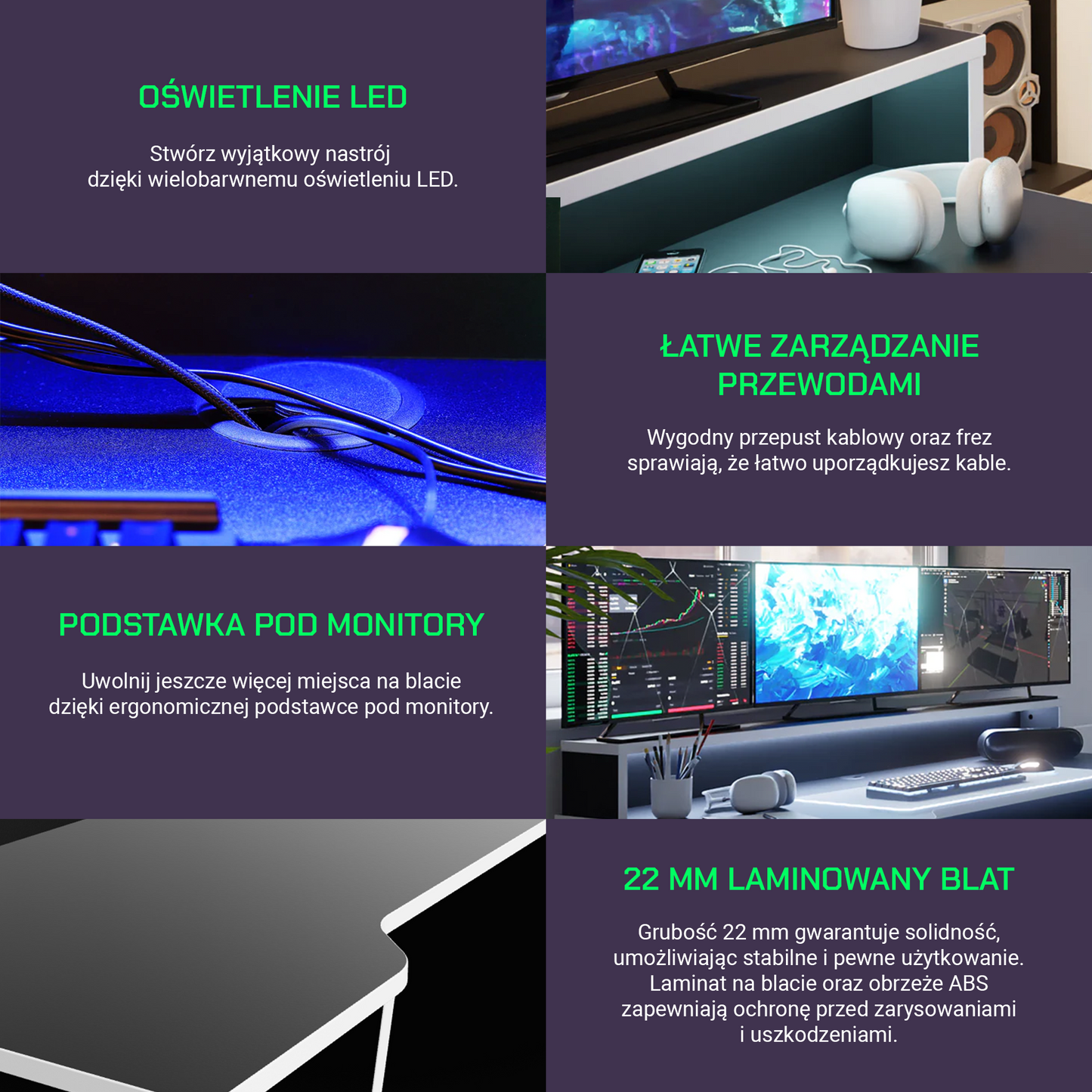 Biurko gamingowe SUPERNOVA211 LED - czarno-białe