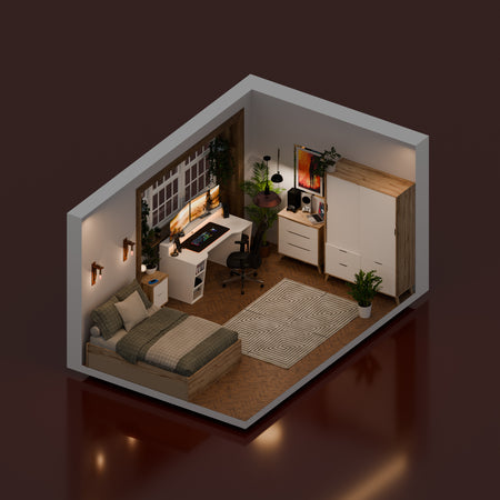 Pokój ze wstawkami w kolorze drewna i dużą ilością roślin