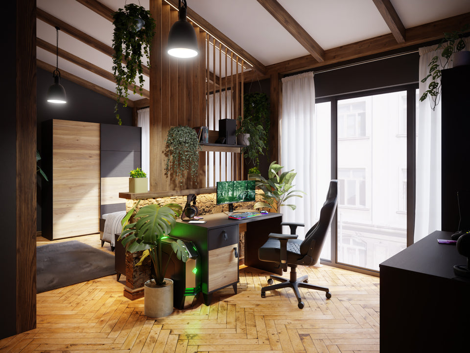 Pokój gamingowy z roślinami w stylu TLOU