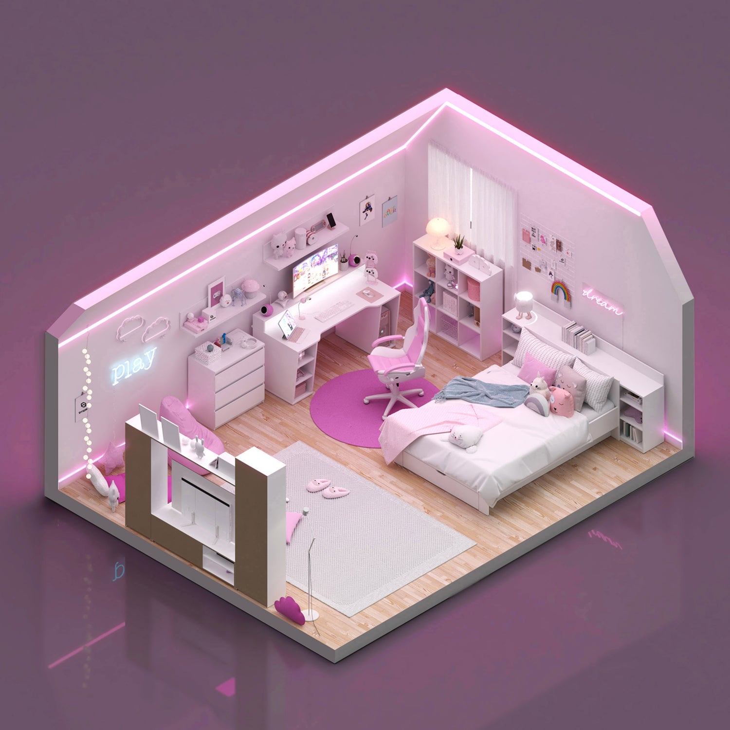 Różowym pokój gamingowy w stylu Kawaii - rzut izometryczny
