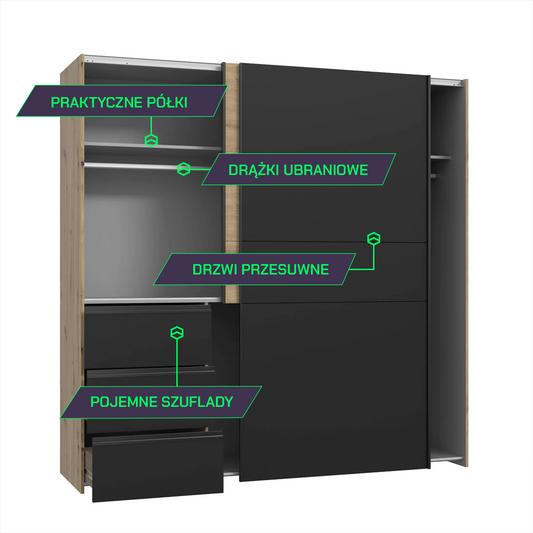Szafa ubraniowa EARTH323 - kolor dębu i czerni