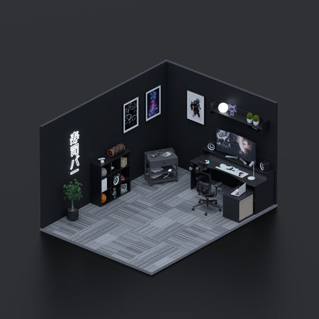 Czarny pokój gamingowy z białym oświetleniem