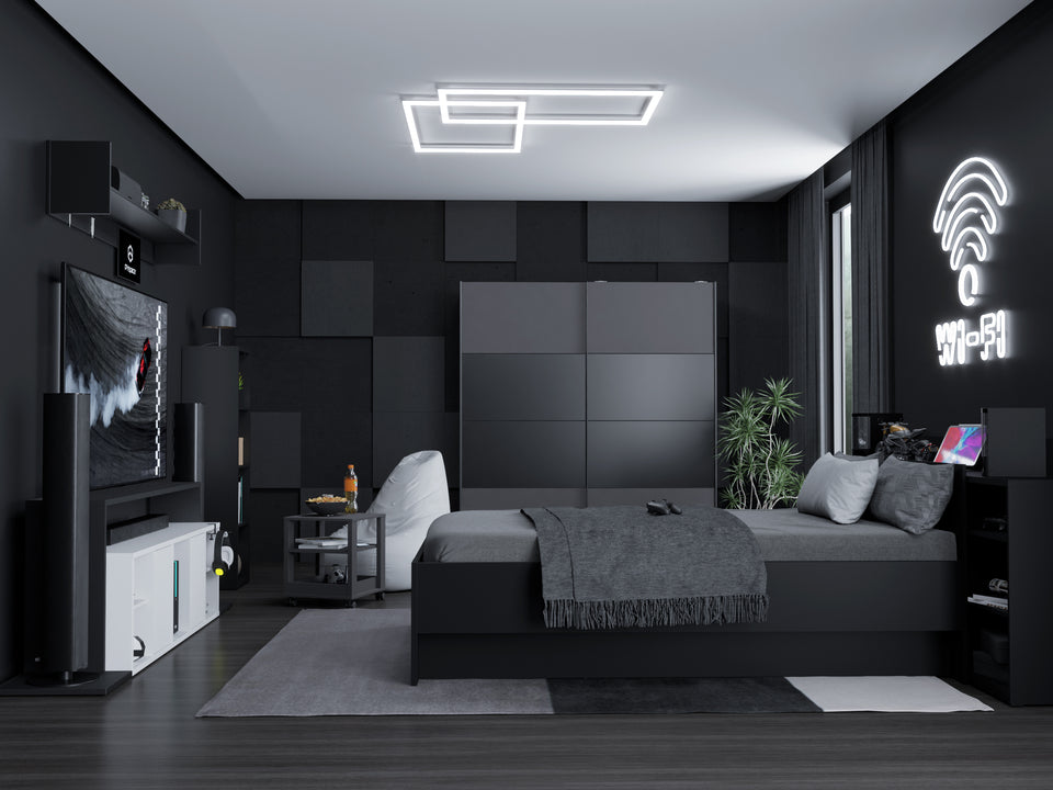 Czarny pokój gamingowy ze stanowiskiem konsolowym