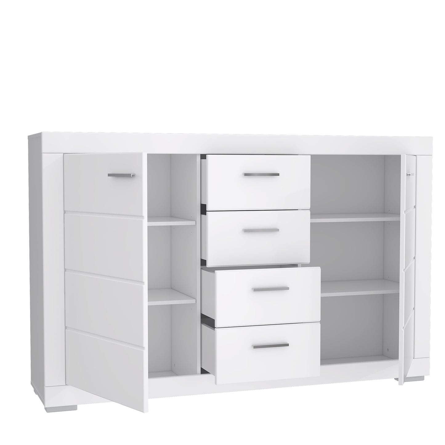 Komoda biała duża z szufladami i szafkami - otwarta