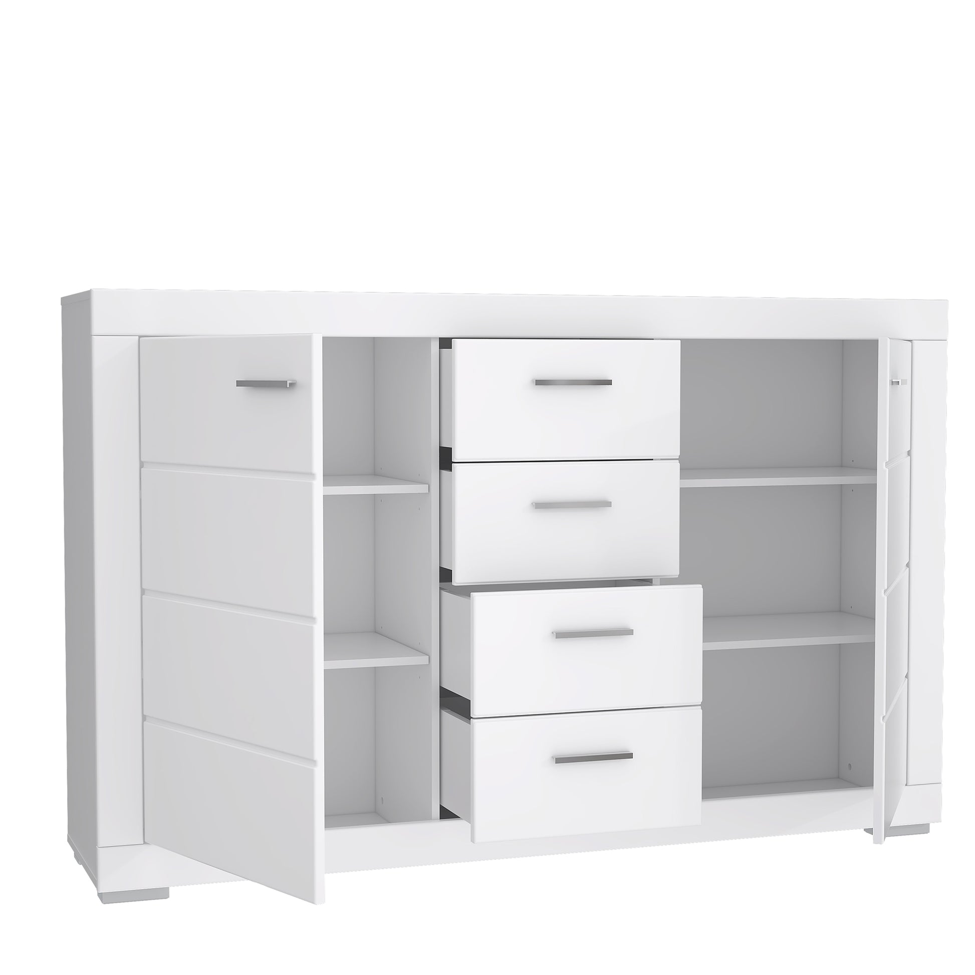 Komoda biała duża z szufladami i szafkami - otwarta