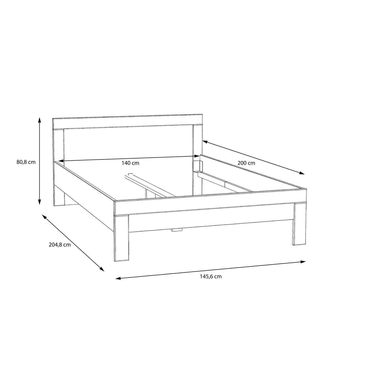 Łóżko białe 140x200 - rama na nóżkach - wymiary 2