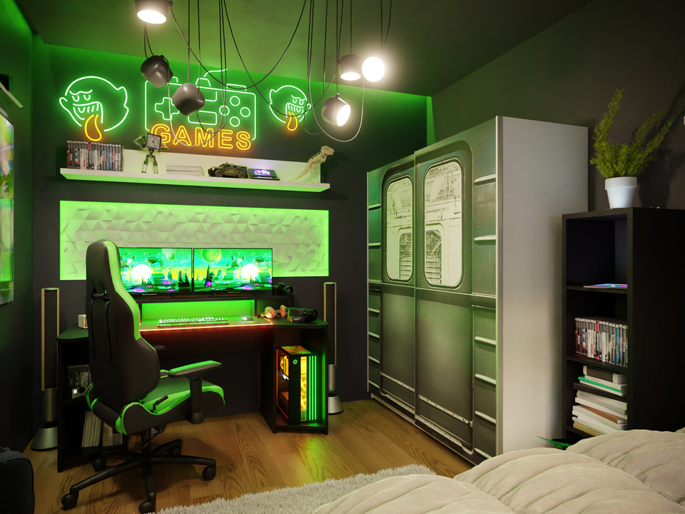 Mały czarno-zielony pokój gamingowy