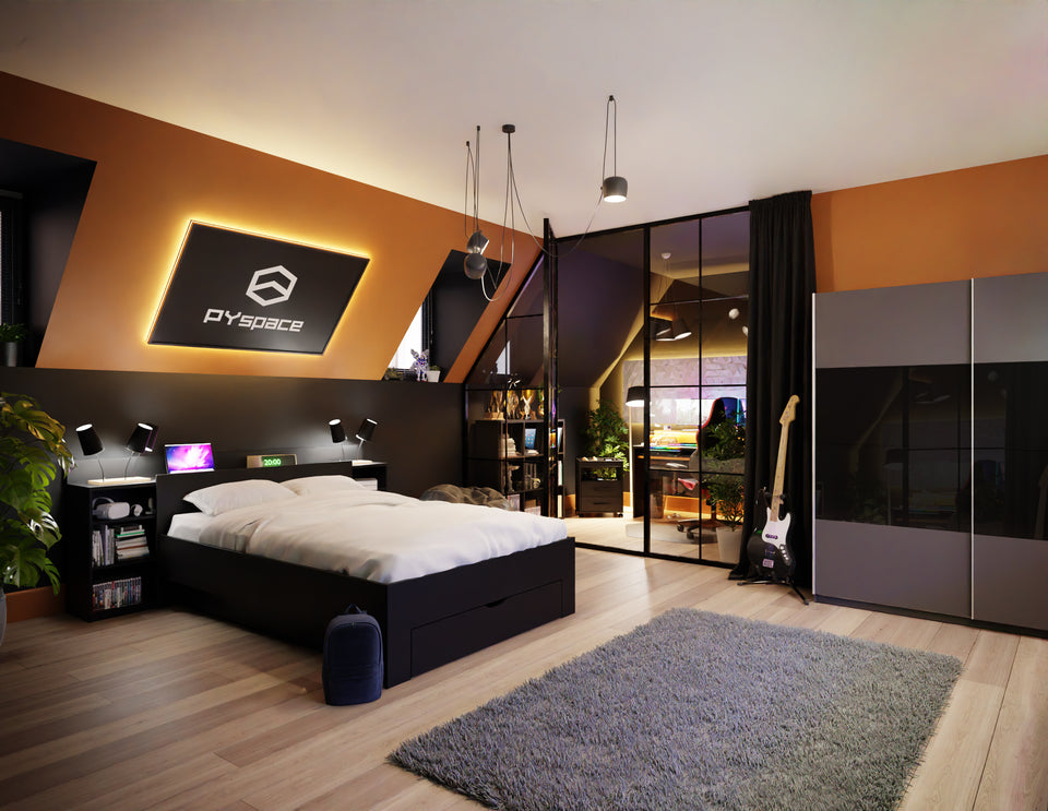 Nowoczesny, czarno-pomarańczowy pokój na poddaszu