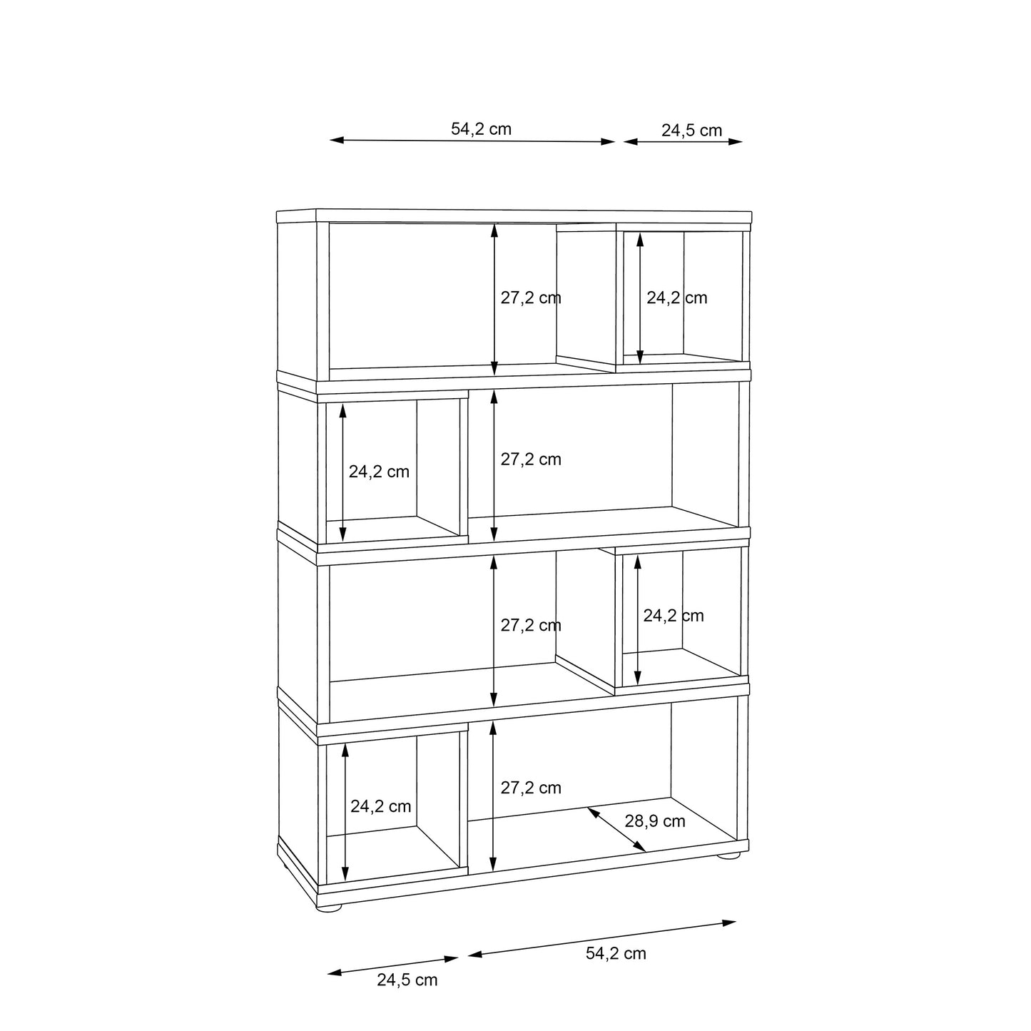 Nowoczesny regał z półkami szary z dekorem kolor dąb - 8 wnęk - wymiary 2