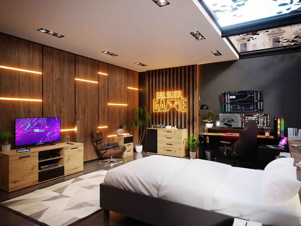 Pokój home office ze stanowiskiem konsolowym