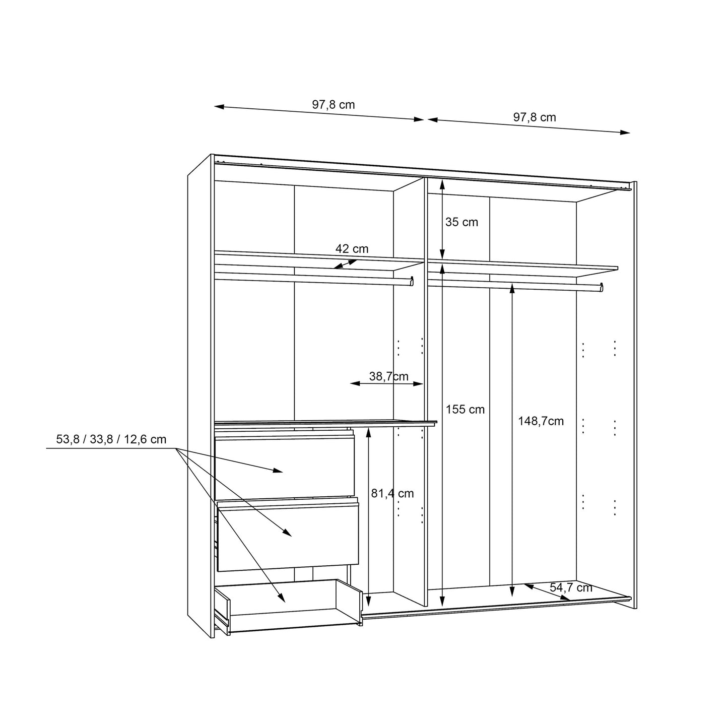 Szafa ubraniowa w kolorze dębu i czerni - wymiary 2
