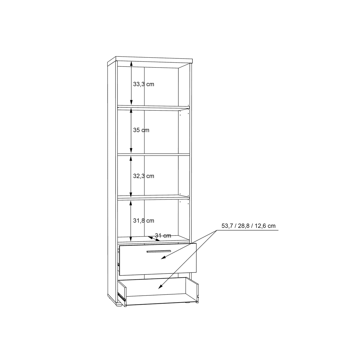 Wysoki regał w kolorze dębu z szufladami i czarnym dekorem - wymiary 2