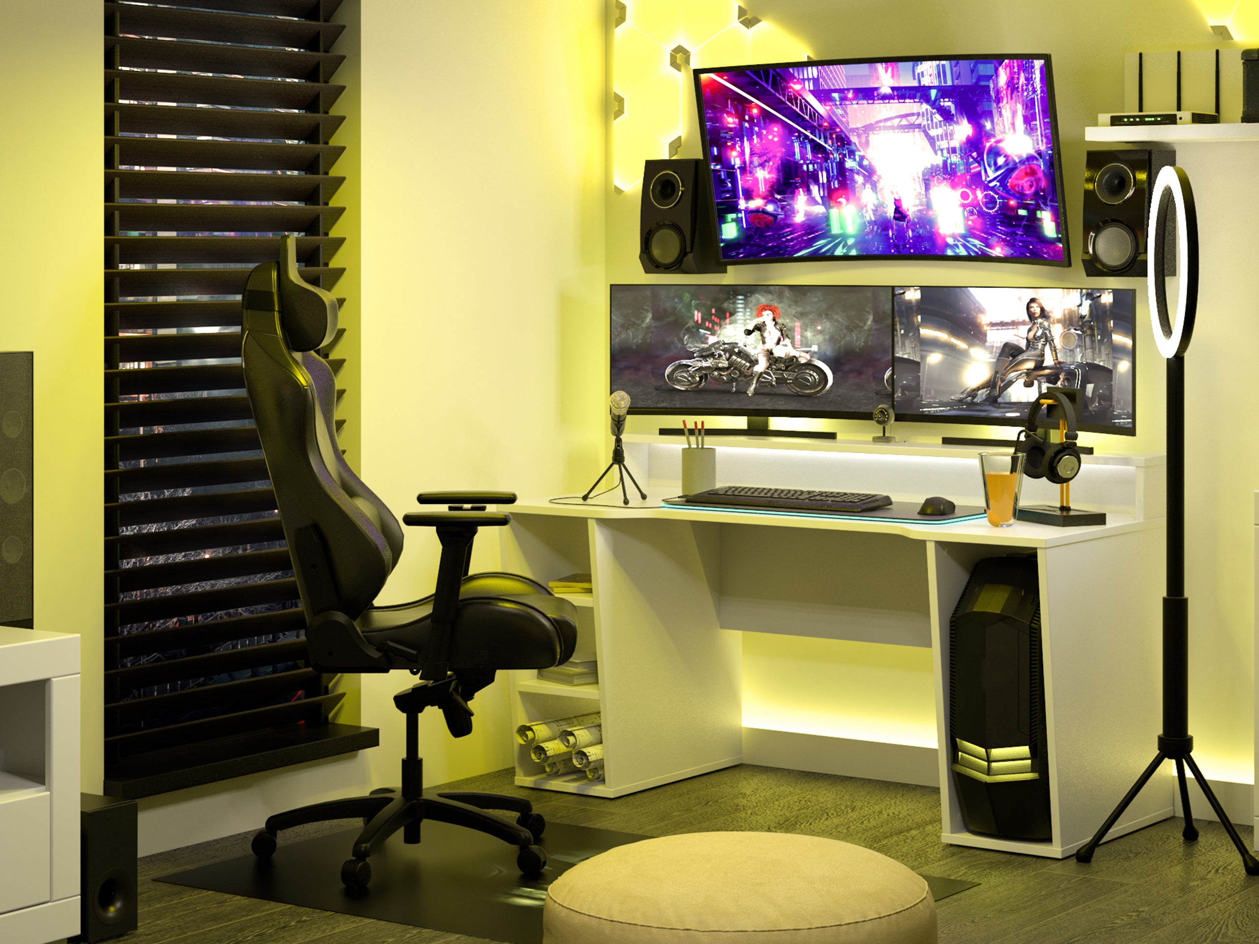 Czym rożni się zwykłe biurko od gamingowego, białe biurko w pokoju gamingowym, półka wisząca w pokoju gamingowym z oświetleniem LED i fotelem gamingowyn