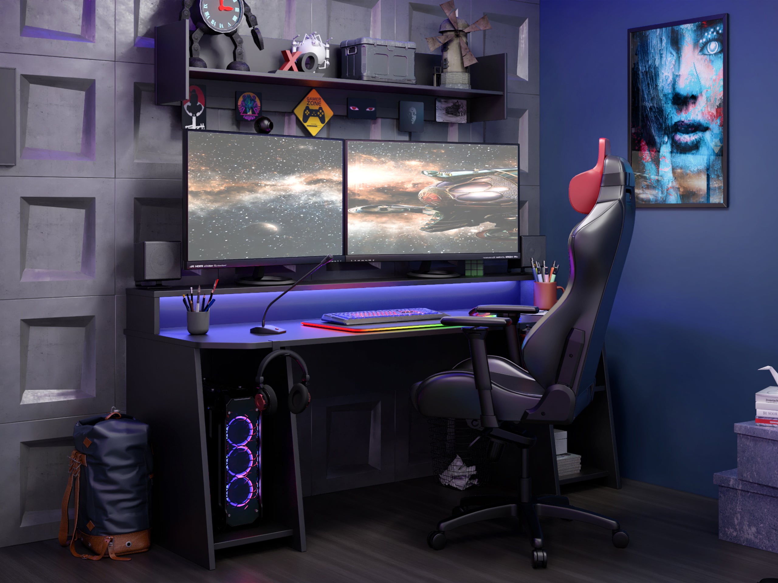 jakie biurko gamingowe wybrać? czarne biurko gamignowe z półką na monitor