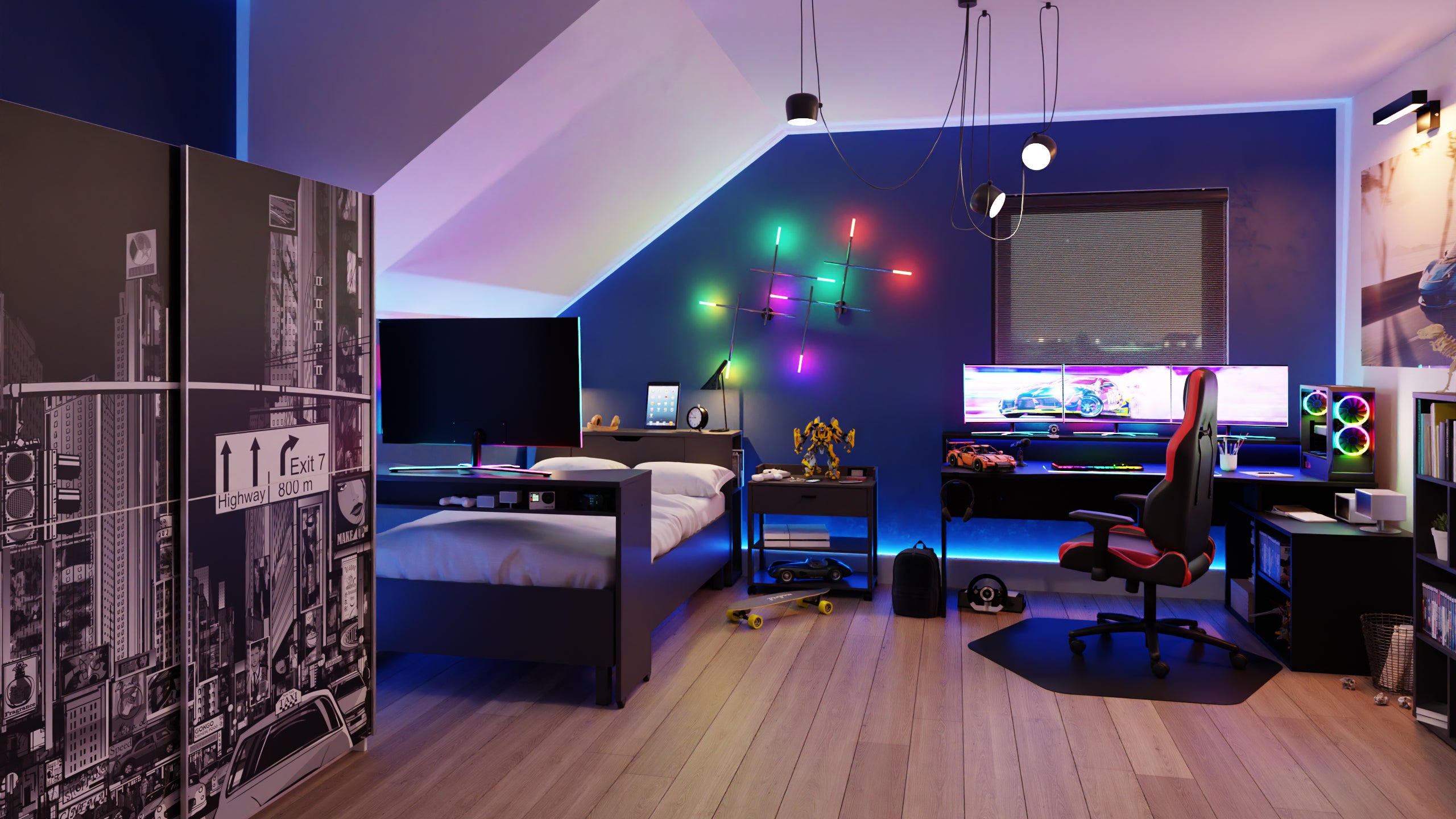 Pokój gamingowy na poddaszu - jak urządzić, biurko gaingowe w pokoju gamigowym na poddaszu, szafa, łóżko z nadstawka jeżdżącą oświetlenie LED