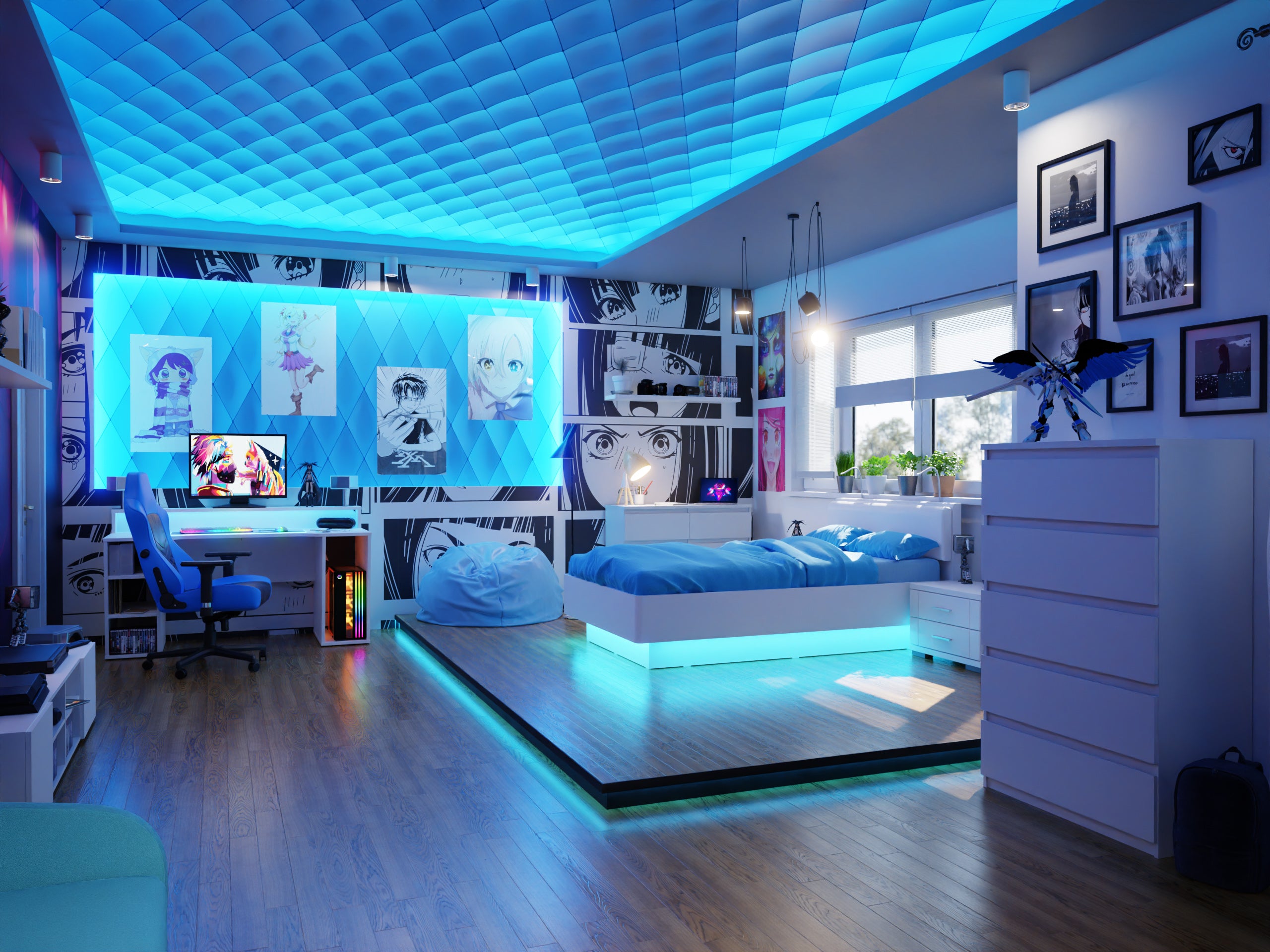Pokój w stylu anime - jak urządzić? Białe biurko gamingowe w pokoju gamingowyem, biała szafka rtv, niebieskie oświetlenie LED, białe łóżko, biała komoda