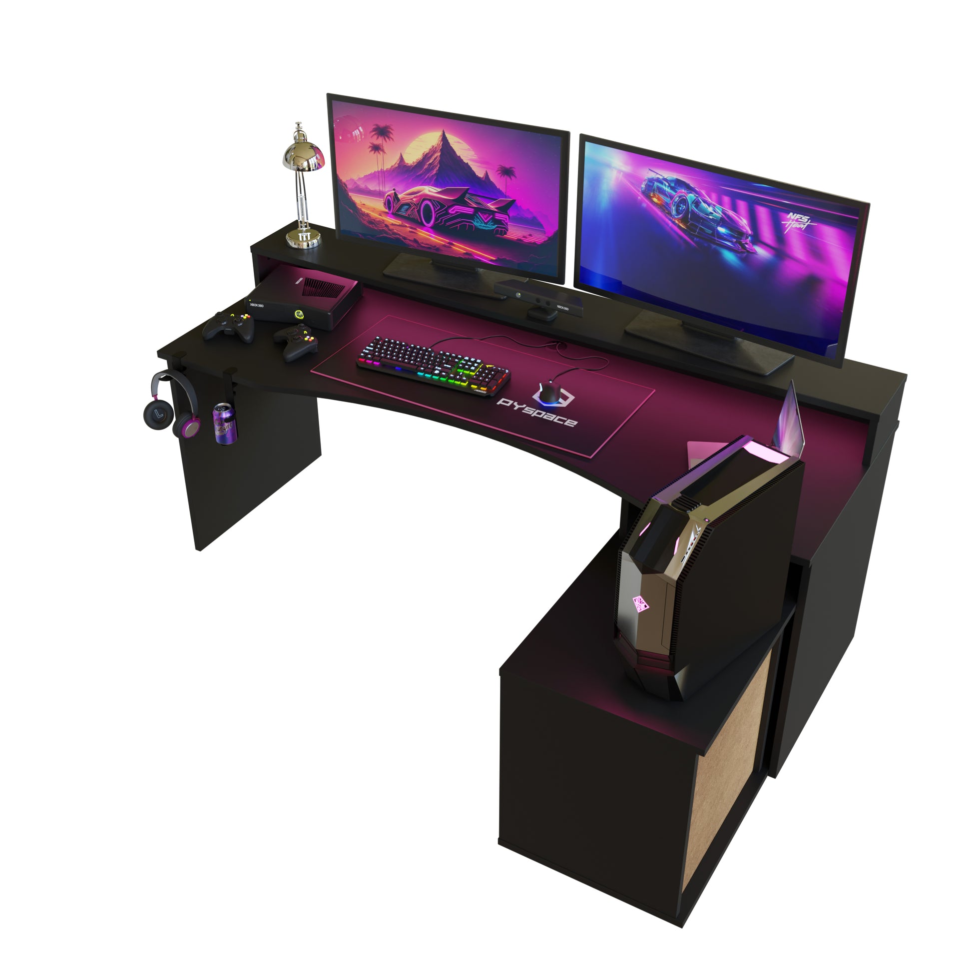 Duże czarne biurko gamingowe z pólkami