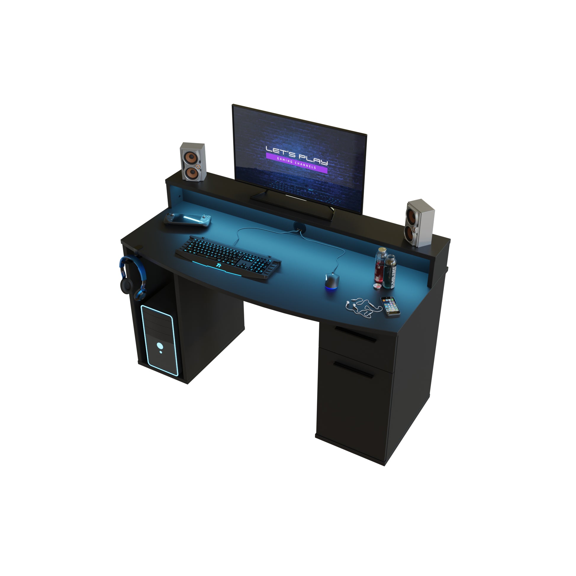 Czarne biurko gamingowe z szufladą i szafką - 140 cm