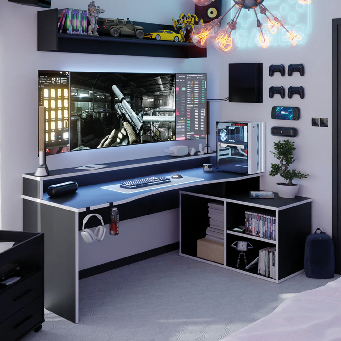 Biurko gamingowe SUPERNOVA214 LED - czarno-białe