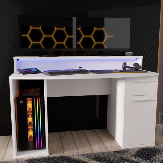 SUPERNOVA219 Białe biurko gamingowe z szufladą i szafką - 140 cm