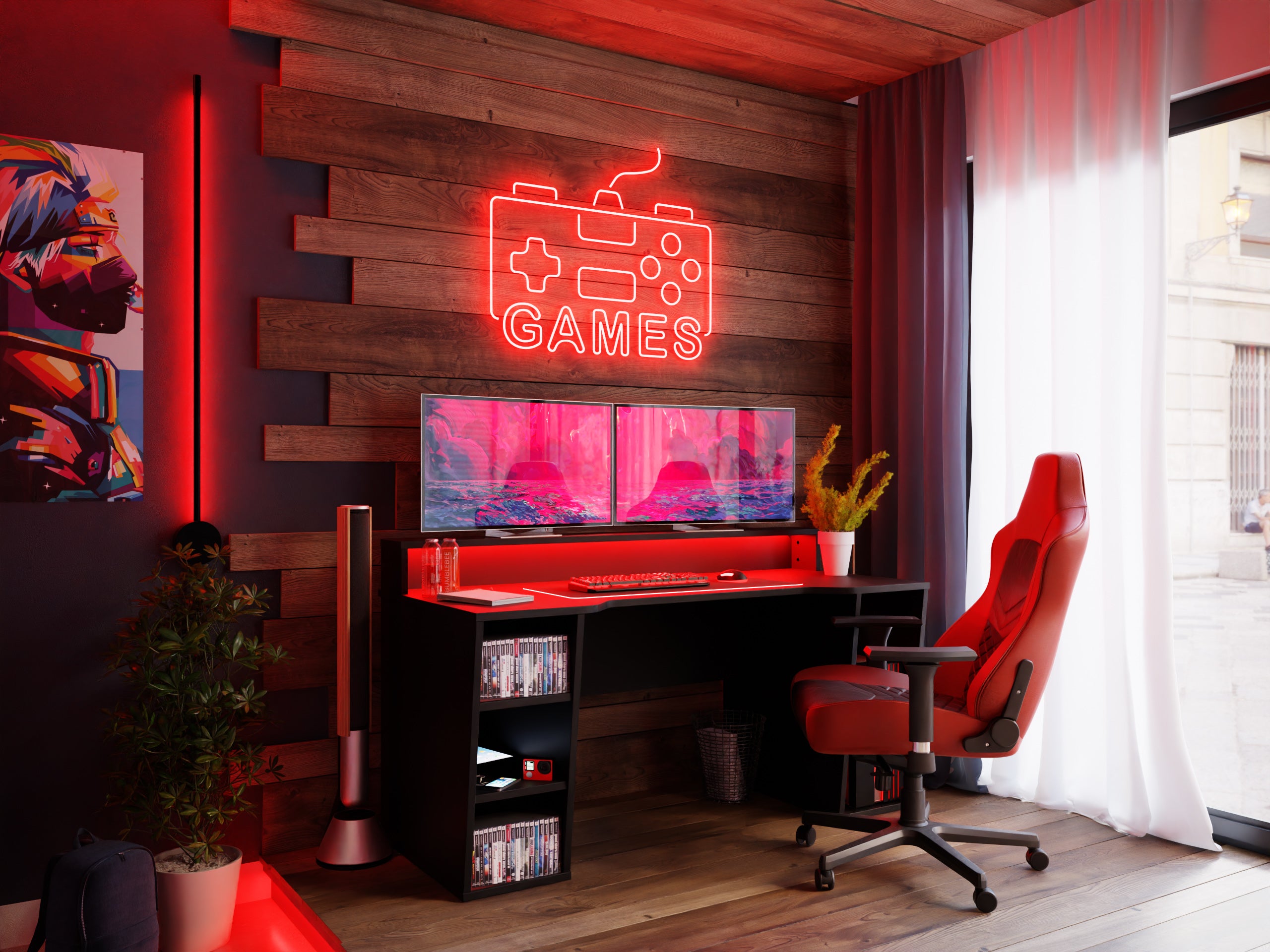 biurko z fotelem w czerwonym pokoju z drewnem