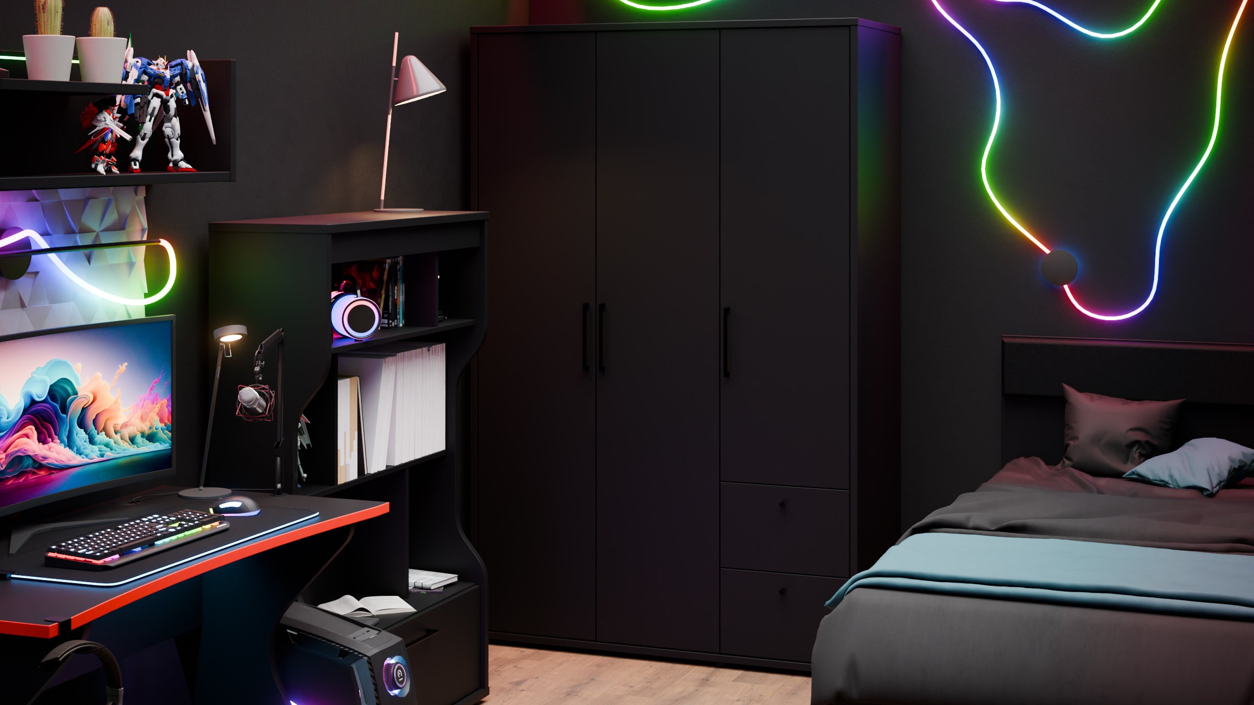 Czarny pokój młodzieżowy z wielokolorowym oświetleniem LED