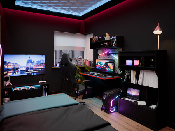 Czarny pokój gamingowy z meblami LED i wielokolorowym oświetleniem