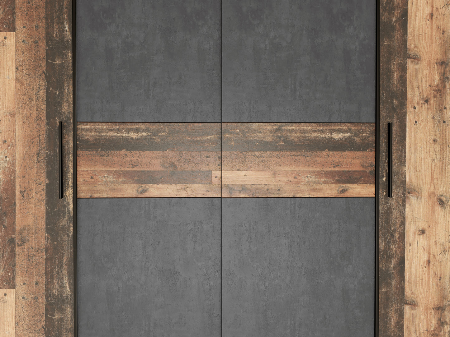 Czterodrzwiowa szafa z drzwiami przesuwnymi w kolorze drewna i betonu KEPLER623