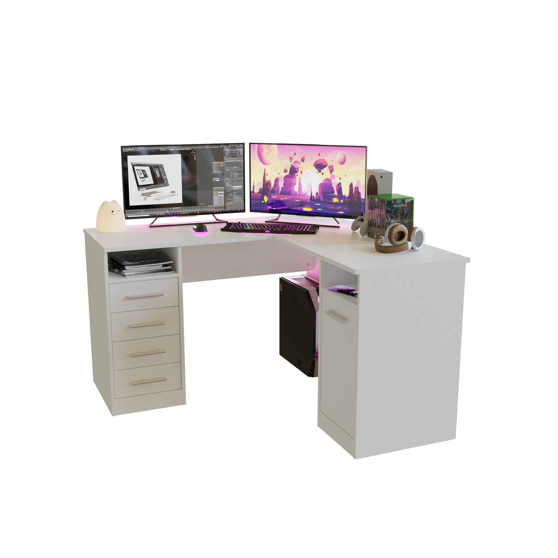 Małe białe narożne biurko gamingowe z szufladami ARCALIS125