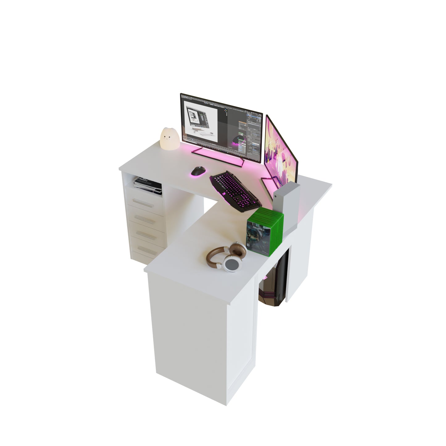 Małe białe narożne biurko gamingowe z szufladami ARCALIS125