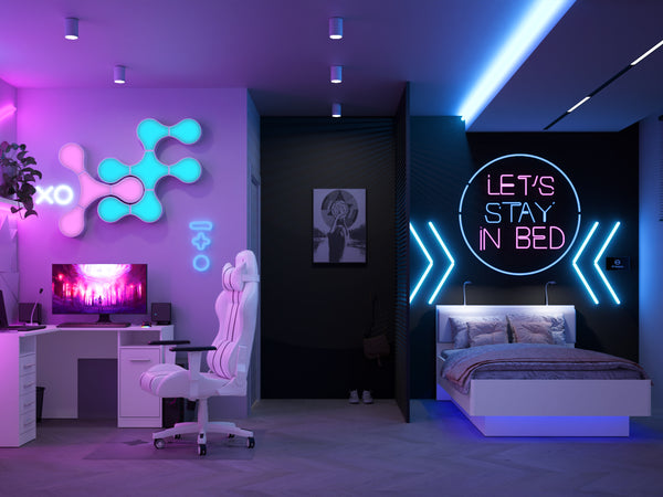 Nowoczesny biało-czarny pokój gamingowy z oświetleniem LED