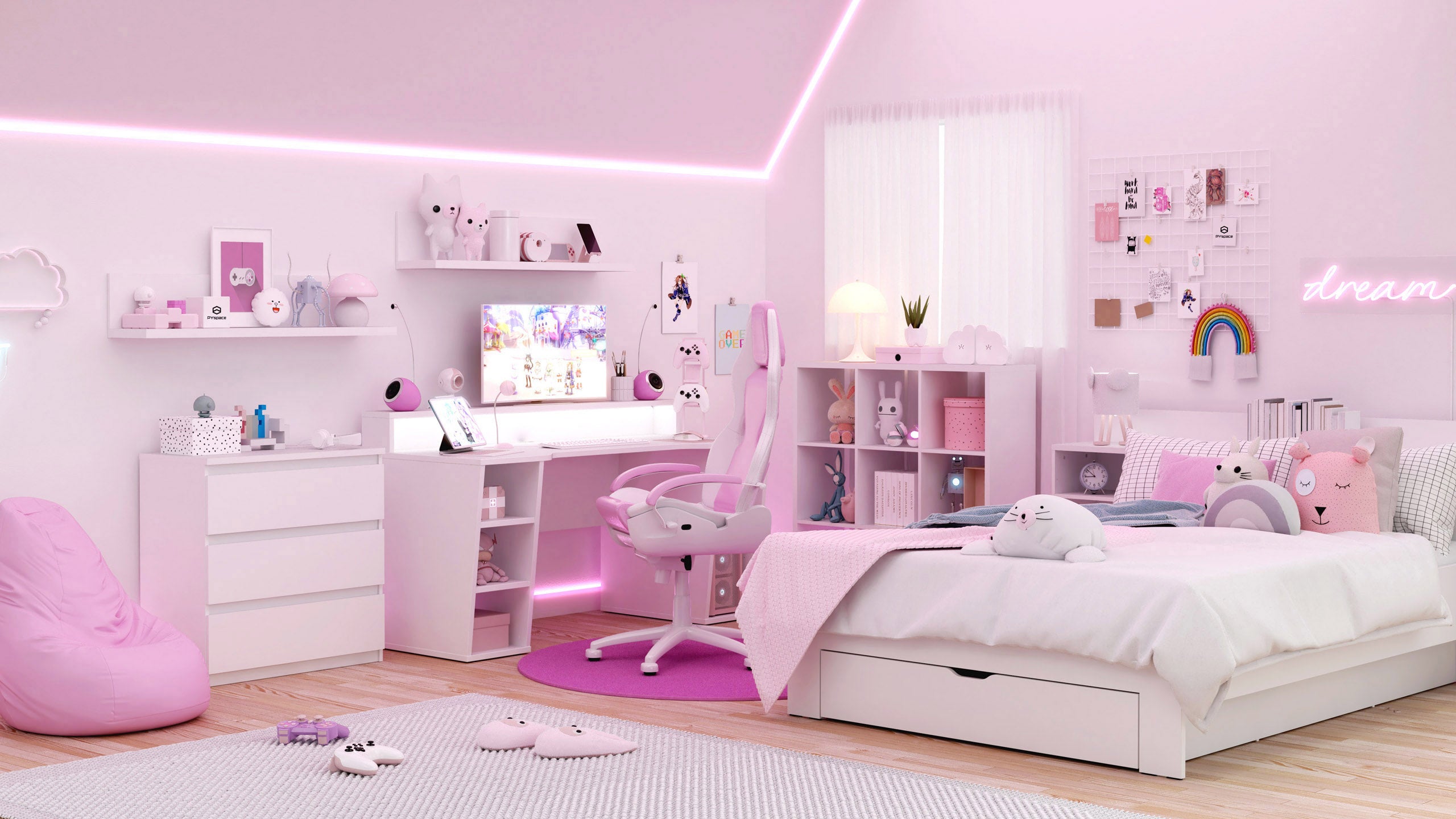 Różowym pokój gamingowy w stylu Kawaii
