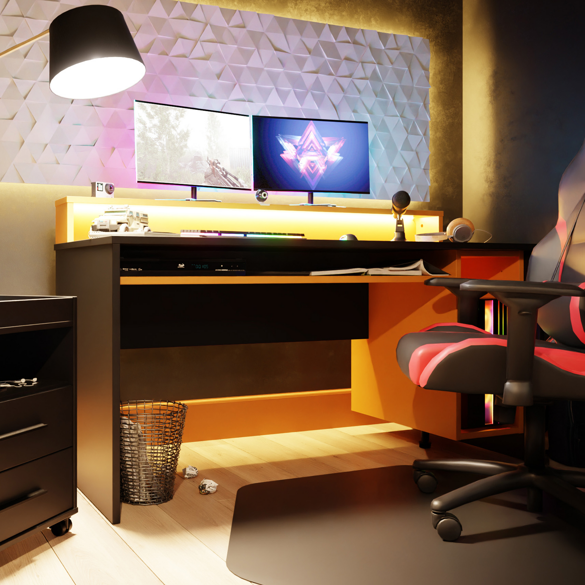 Czarno-pomarańczowe biurko gamingowe - aranżacja