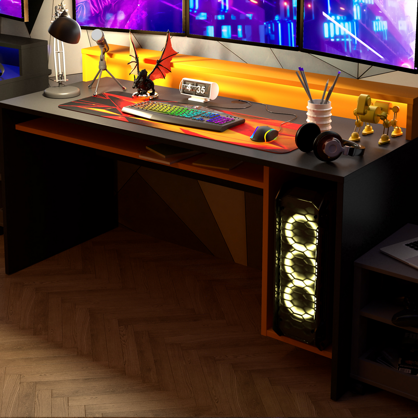 Czarno-pomarańczowe biurko gamingowe - aranżacja 1