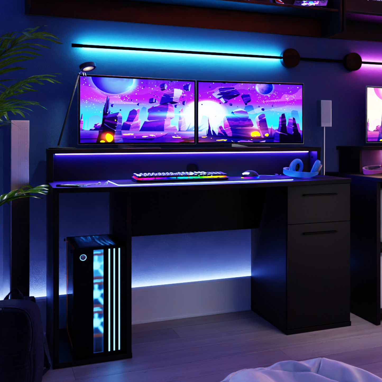 SUPERNOVA219 z oświetleniem LED oraz szufladą i szafką to biurko, które zapewni Ci najwyższy komfort gry.