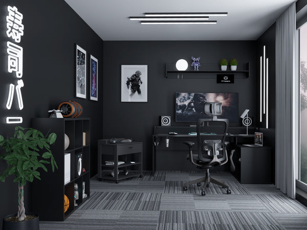 Czarny pokój gamingowy z białym oświetleniem