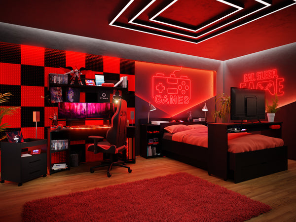 Duży czarno-czerwony pokój gamingowy