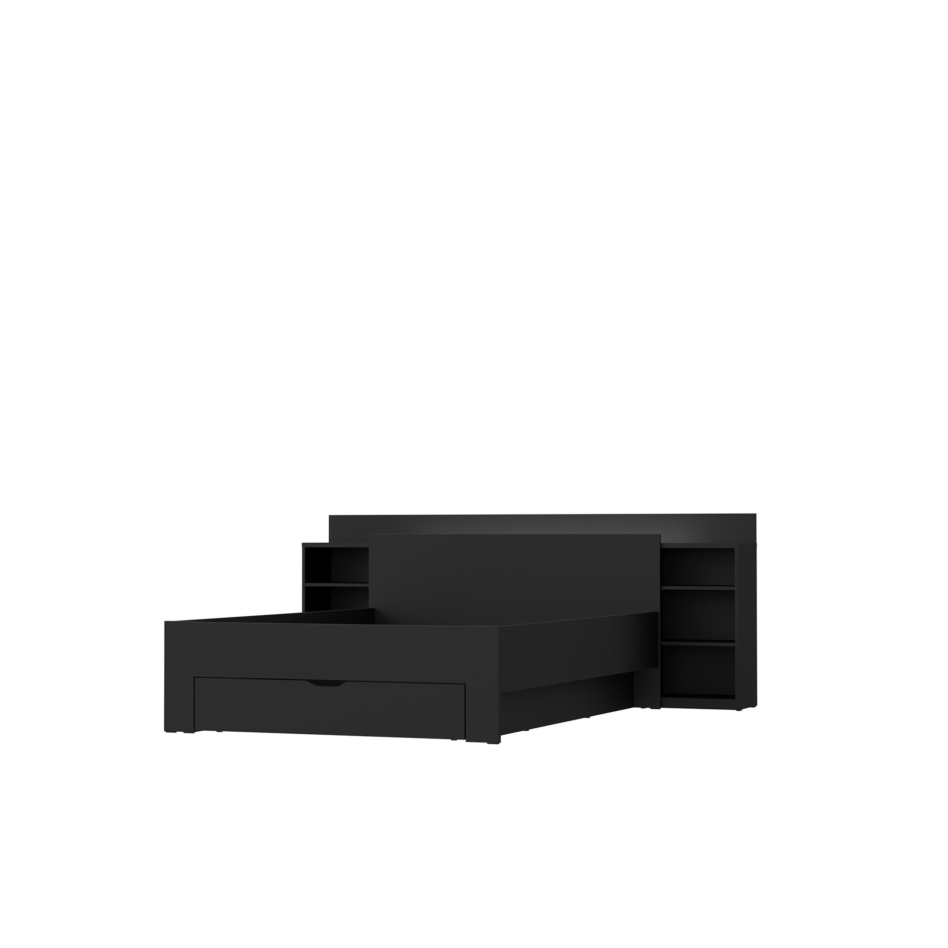 Łóżko czarne 140x200 - rama z zagłówkiem i półkami - bok