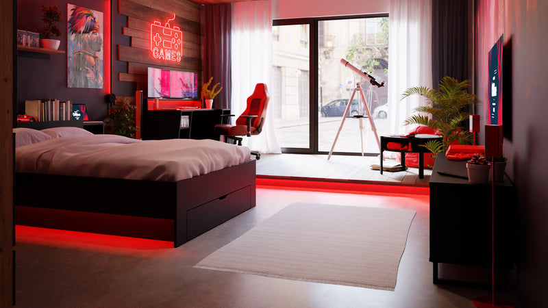 Czerwony pokój gamingowy z elementami w kolorze drewna